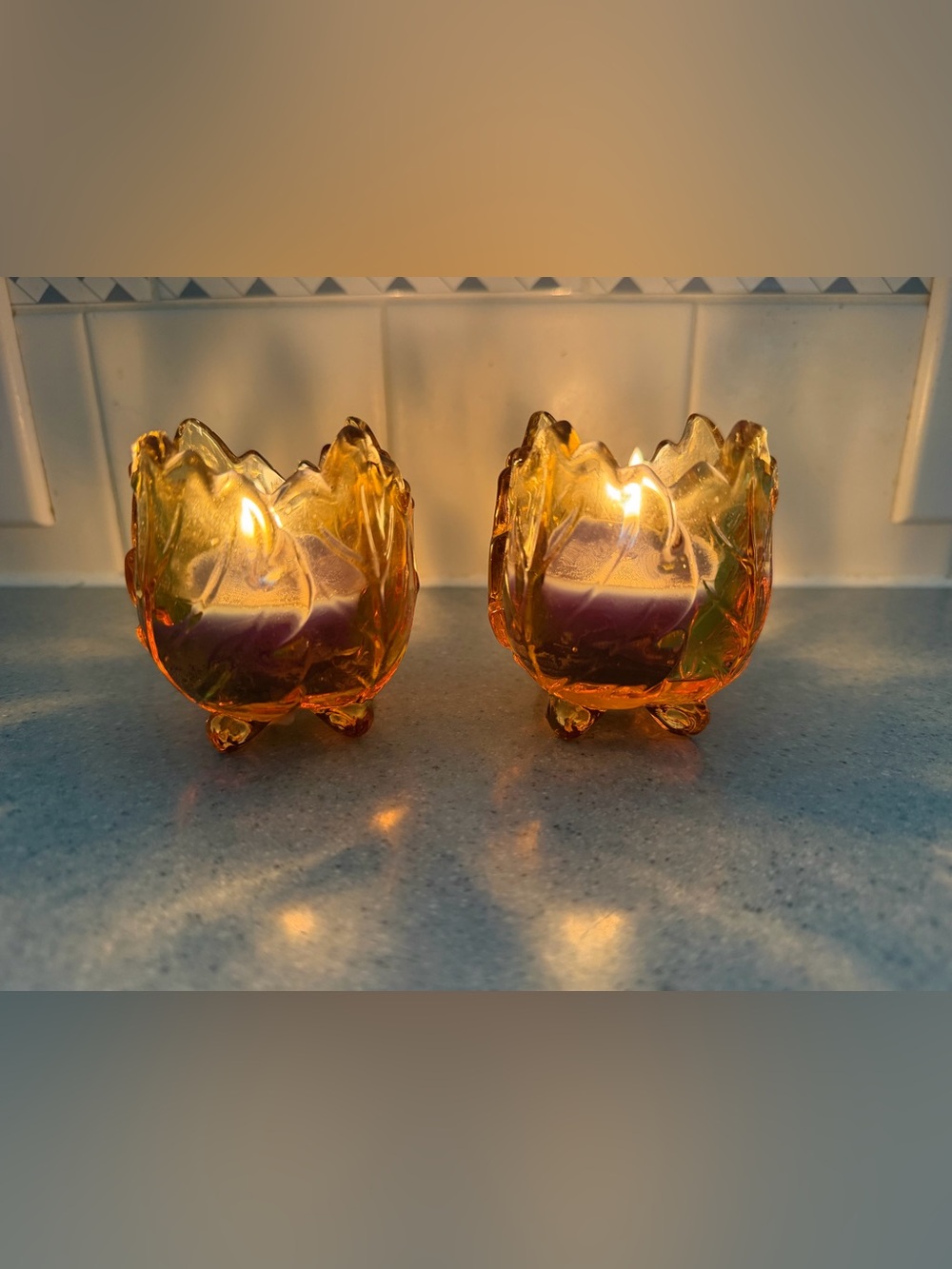 PartyLite Vintage PAIR Amber Leaves Footed Glass Votive Holders Fall Leaf Decor